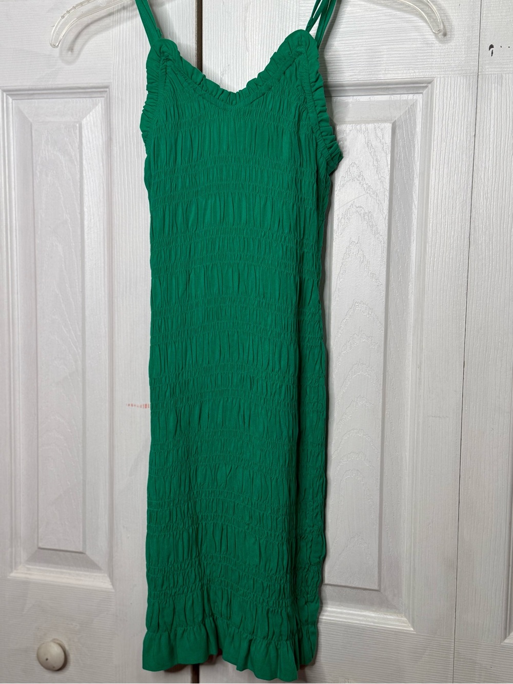 NWT H&M Emerald Green Smocked Midi Dress with Ruffle Hem, Size XS